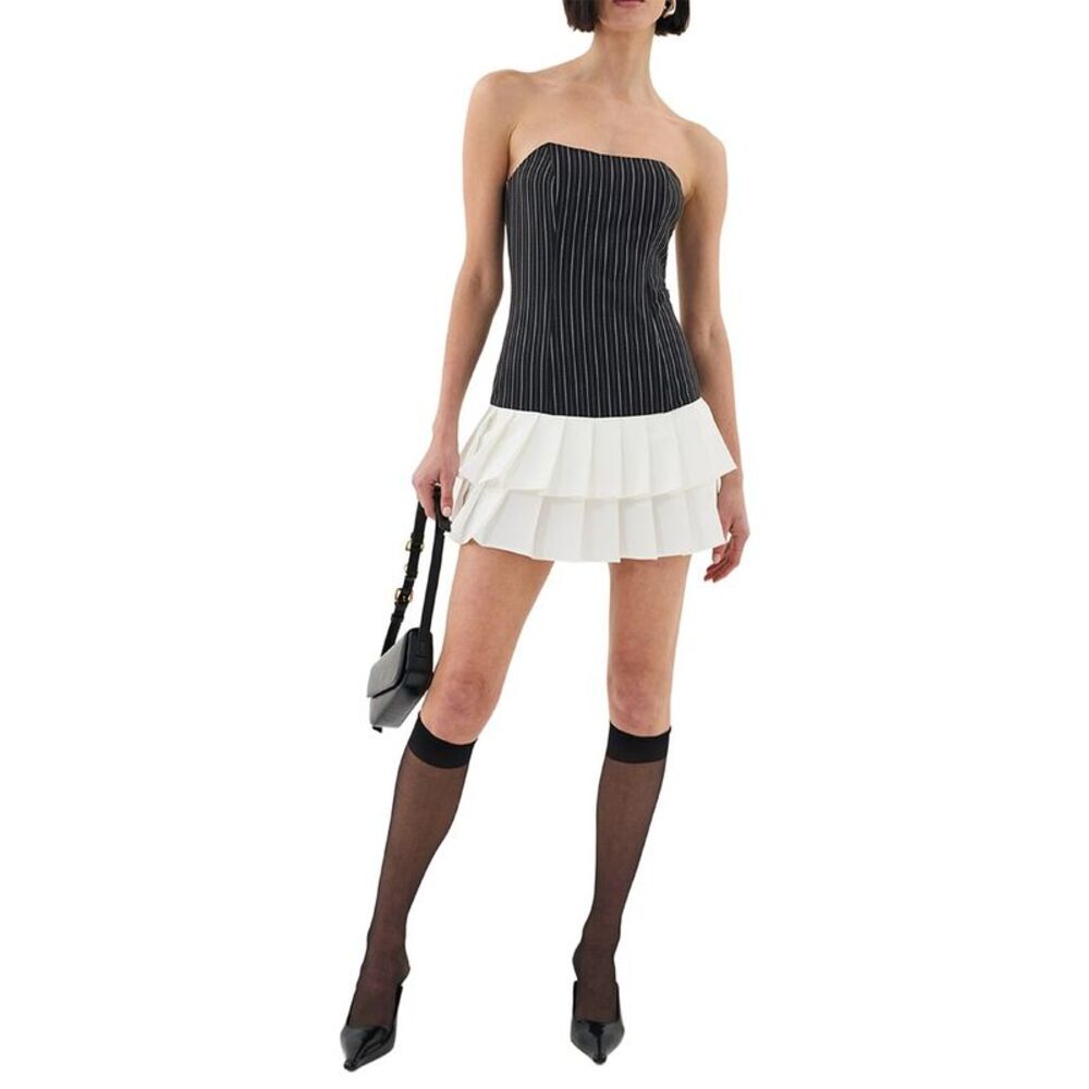 Extro&Vert Womens  Pinstripe Mini Bandeau Dress, Black